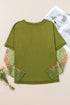 Floral Sheer Sleeve Mixed Media Round Neck Top