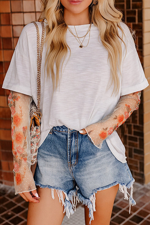 Floral Sheer Sleeve Mixed Media Round Neck Top
