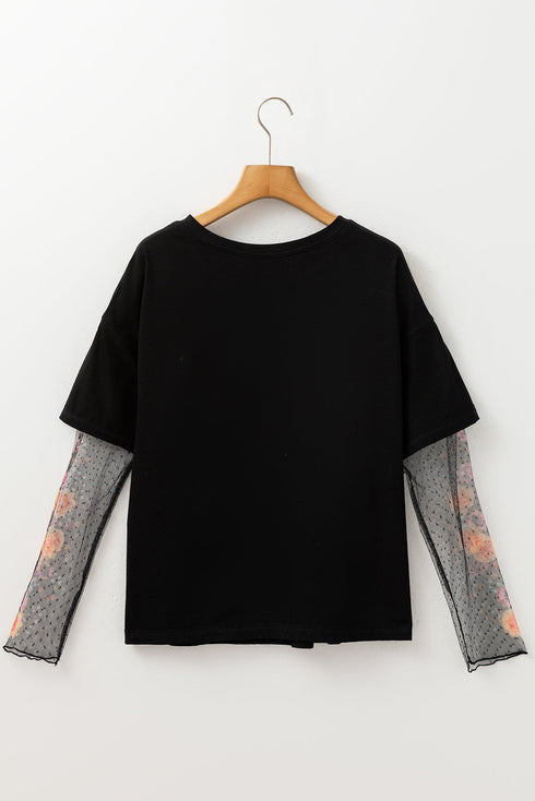 Floral Sheer Sleeve Mixed Media Round Neck Top