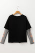 Floral Sheer Sleeve Mixed Media Round Neck Top