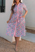 Floral Shirred Puff Sleeve Buttoned Front Midi Dress with Sash