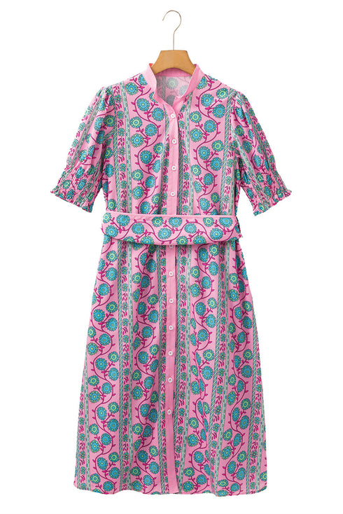 Floral Shirred Puff Sleeve Buttoned Front Midi Dress with Sash