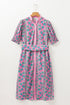 Floral Shirred Puff Sleeve Buttoned Front Midi Dress with Sash