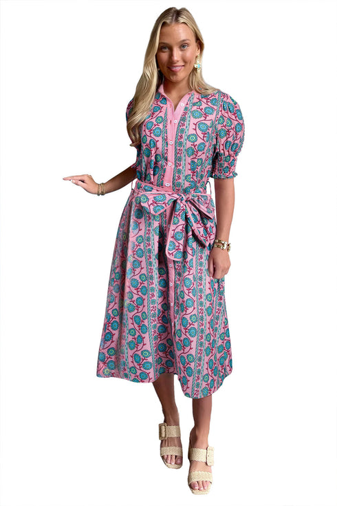 Floral Shirred Puff Sleeve Buttoned Front Midi Dress with Sash