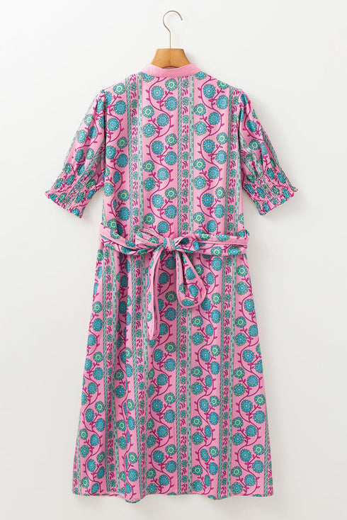 Floral Shirred Puff Sleeve Buttoned Front Midi Dress with Sash