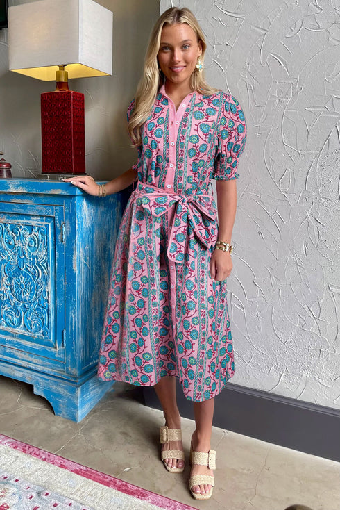 Floral Shirred Puff Sleeve Buttoned Front Midi Dress with Sash