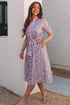 Floral Shirred Puff Sleeve Buttoned Front Midi Dress with Sash
