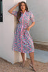 Floral Shirred Puff Sleeve Buttoned Front Midi Dress with Sash