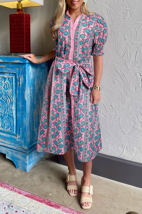 Floral Shirred Puff Sleeve Buttoned Front Midi Dress with Sash