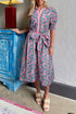 Floral Shirred Puff Sleeve Buttoned Front Midi Dress with Sash