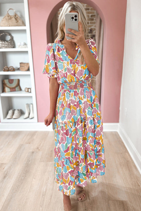 Floral Short Sleeve Smocked Waist Maxi dress