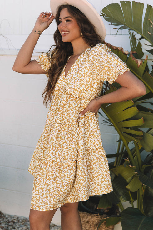 Floral Short Sleeve V Neck Frilly Tie Mini Dress