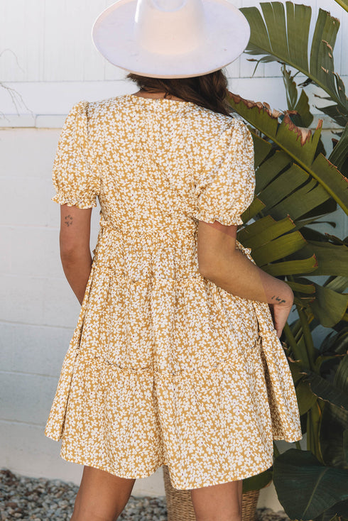 Floral Short Sleeve V Neck Frilly Tie Mini Dress