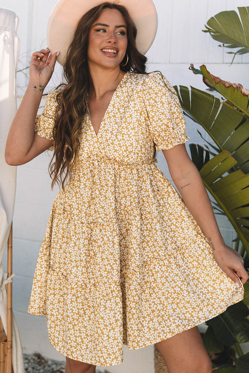 Floral Short Sleeve V Neck Frilly Tie Mini Dress