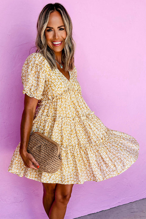 Floral Short Sleeve V Neck Frilly Tie Mini Dress