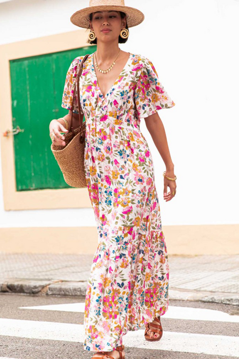 Floral Short Sleeve V Neck High Waist Maxi Dress