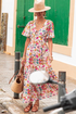Floral Short Sleeve V Neck High Waist Maxi Dress