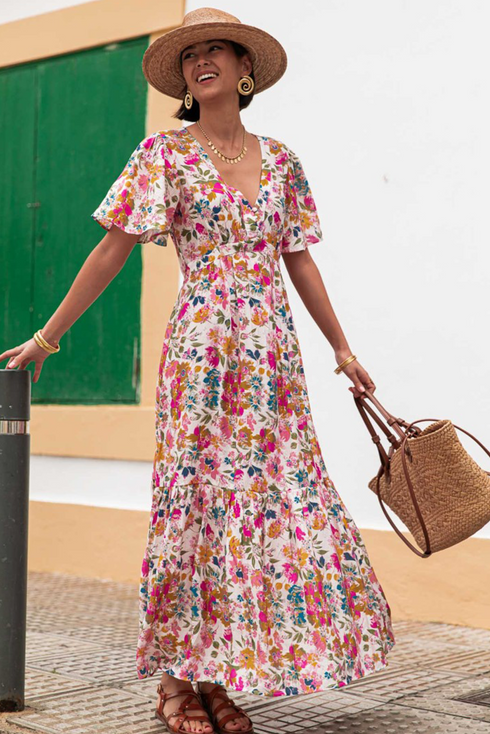 Floral Short Sleeve V Neck High Waist Maxi Dress