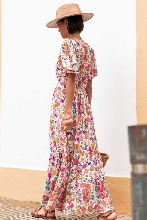 Floral Short Sleeve V Neck High Waist Maxi Dress