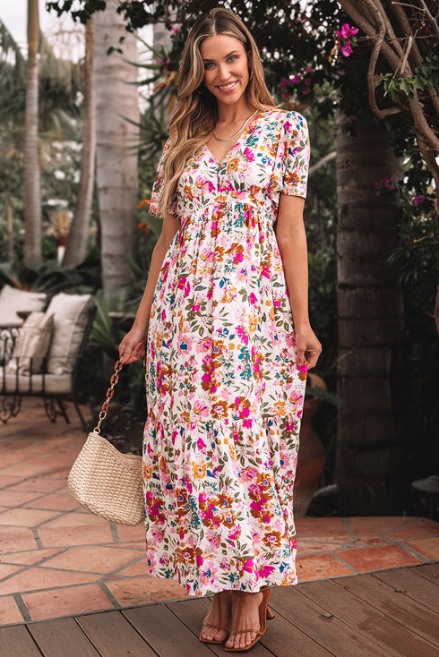 Floral Short Sleeve V Neck High Waist Maxi Dress