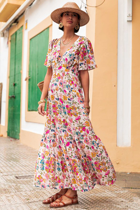 Floral Short Sleeve V Neck High Waist Maxi Dress