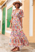 Floral Short Sleeve V Neck High Waist Maxi Dress