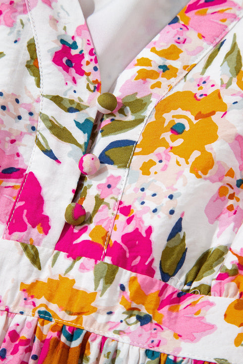 Floral Short Sleeve V Neck High Waist Maxi Dress