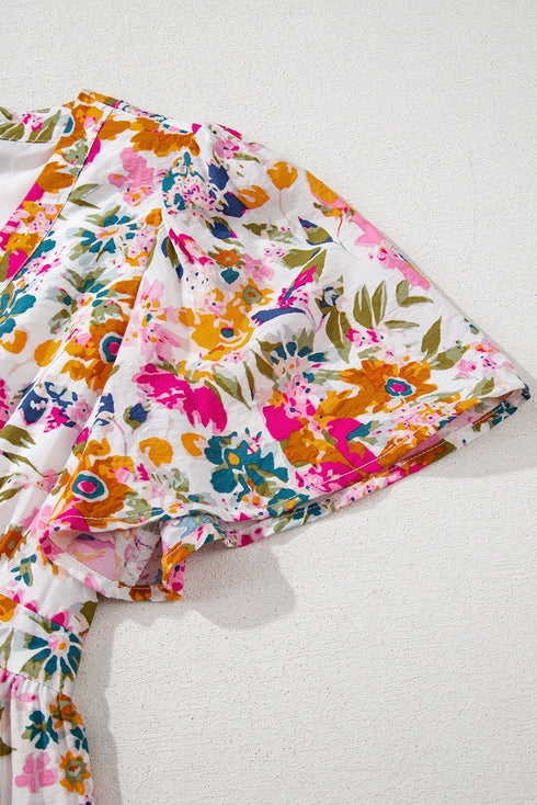 Floral Short Sleeve V Neck High Waist Maxi Dress