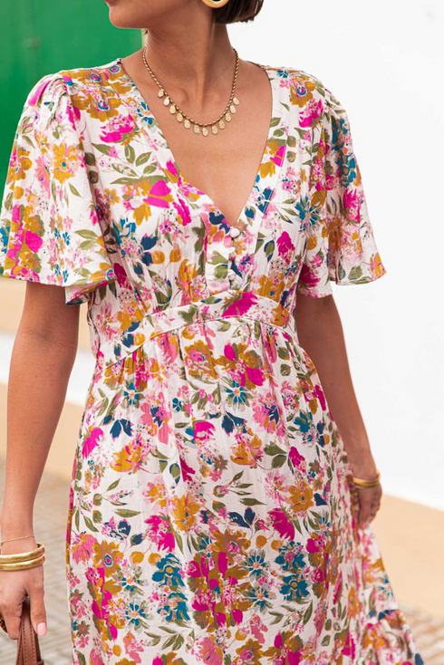 Floral Short Sleeve V Neck High Waist Maxi Dress