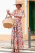 Floral Short Sleeve V Neck High Waist Maxi Dress