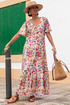 Floral Short Sleeve V Neck High Waist Maxi Dress