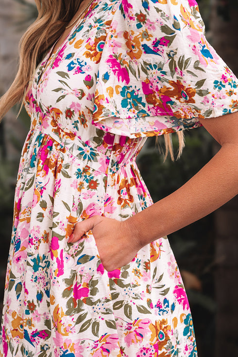Floral Short Sleeve V Neck High Waist Maxi Dress