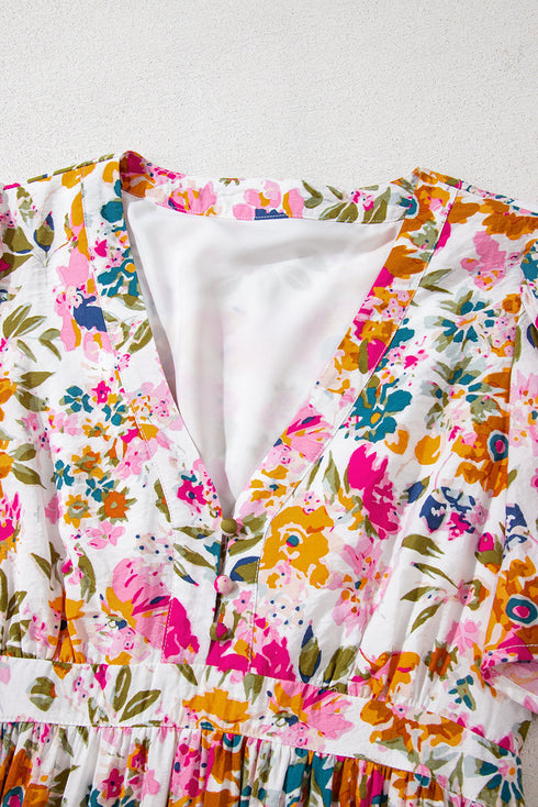 Floral Short Sleeve V Neck High Waist Maxi Dress
