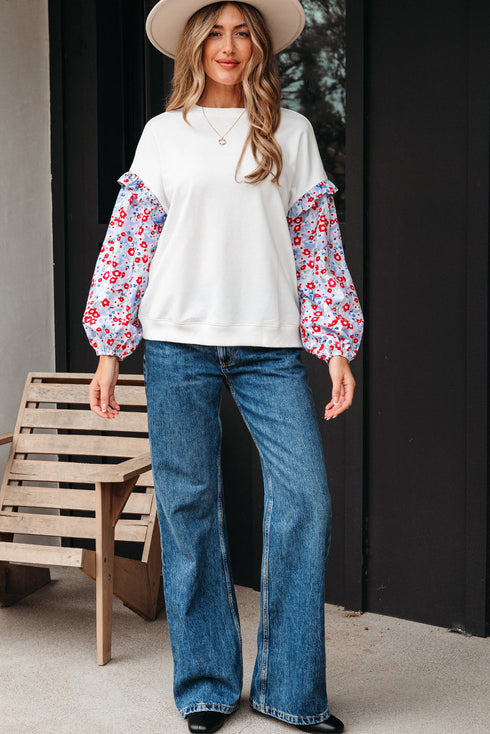 Floral Sleeve Ruffled V Neck Textured Patchwork Blouse