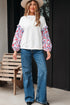 Floral Sleeve Ruffled V Neck Textured Patchwork Blouse