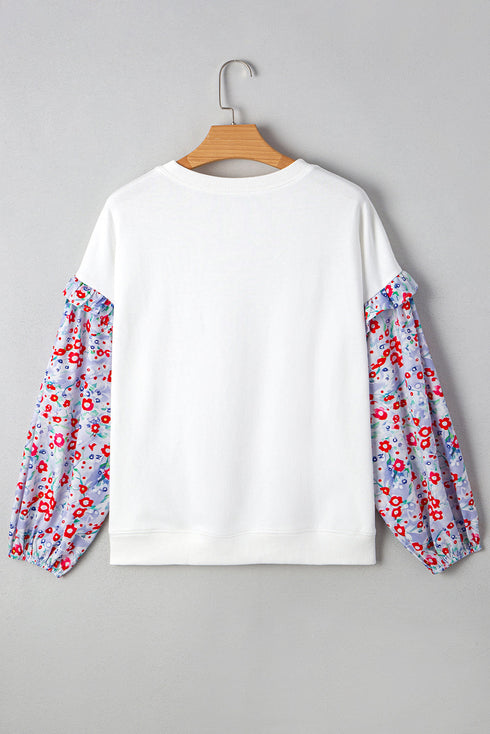 Floral Sleeve Ruffled V Neck Textured Patchwork Blouse