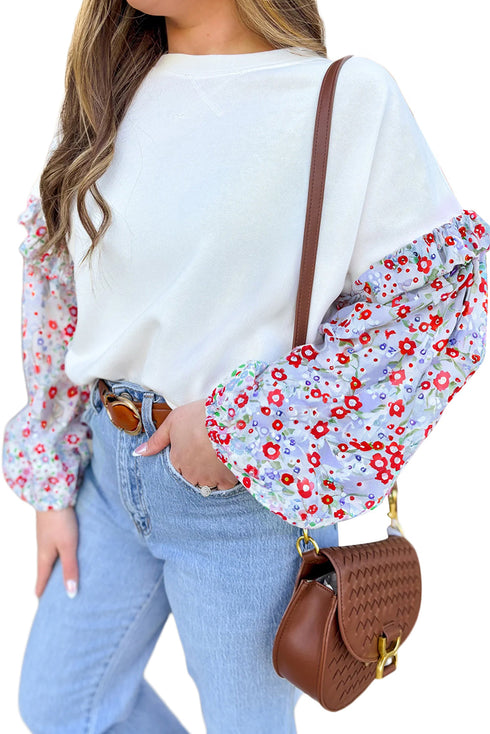 Floral Sleeve Ruffled V Neck Textured Patchwork Blouse