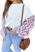 Floral Sleeve Ruffled V Neck Textured Patchwork Blouse