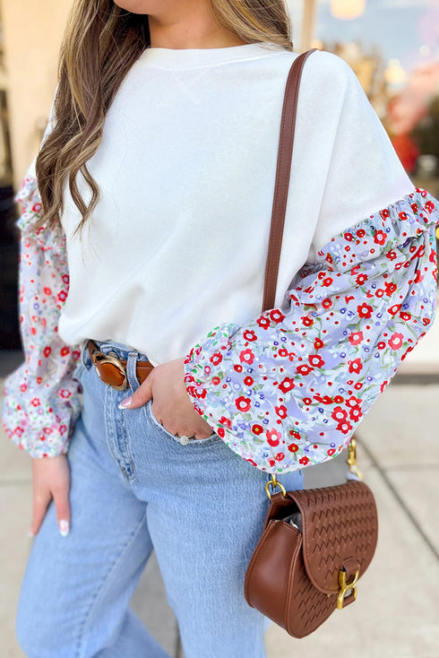 Floral Sleeve Ruffled V Neck Textured Patchwork Blouse