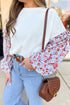 Floral Sleeve Ruffled V Neck Textured Patchwork Blouse