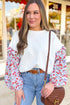 Floral Sleeve Ruffled V Neck Textured Patchwork Blouse