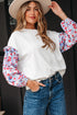 Floral Sleeve Ruffled V Neck Textured Patchwork Blouse