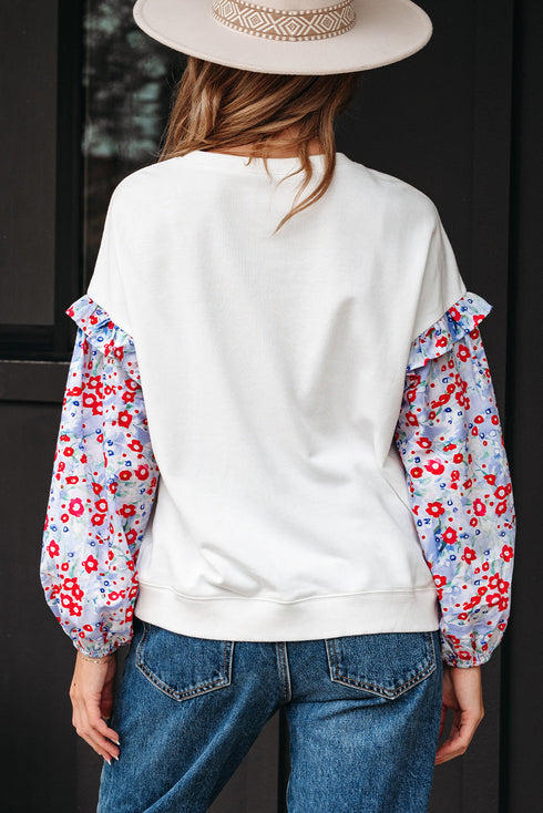 Floral Sleeve Ruffled V Neck Textured Patchwork Blouse