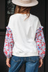 Floral Sleeve Ruffled V Neck Textured Patchwork Blouse