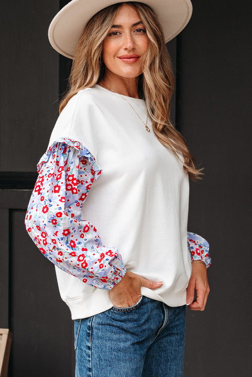 Floral Sleeve Ruffled V Neck Textured Patchwork Blouse