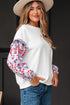 Floral Sleeve Ruffled V Neck Textured Patchwork Blouse