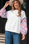 Floral Sleeve Ruffled V Neck Textured Patchwork Blouse