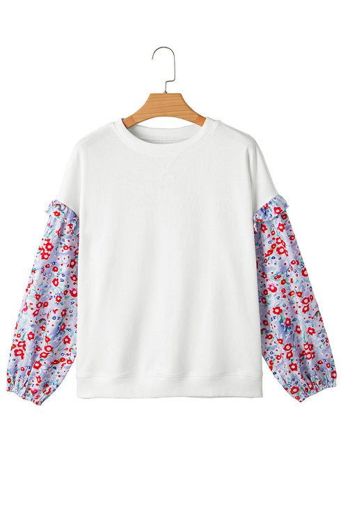 Floral Sleeve Ruffled V Neck Textured Patchwork Blouse