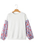Floral Sleeve Ruffled V Neck Textured Patchwork Blouse