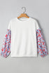 Floral Sleeve Ruffled V Neck Textured Patchwork Blouse